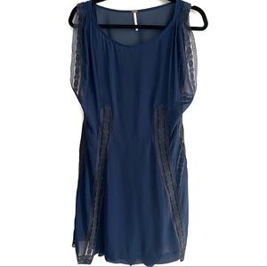 Free People Blue Sleeveless Lace Panel Shift Dress with Attached Slip Dress, M